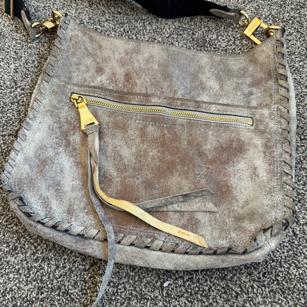 Aimee Kestenberg Distressed Grey Shimmer Suede Crossbody Bag, Removable Strap - Picture 7 of 16
